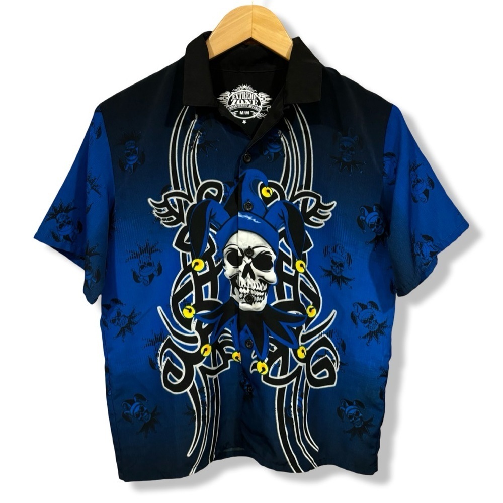 Vintage Y2K Blue Skull Graphic Button Up Shirt